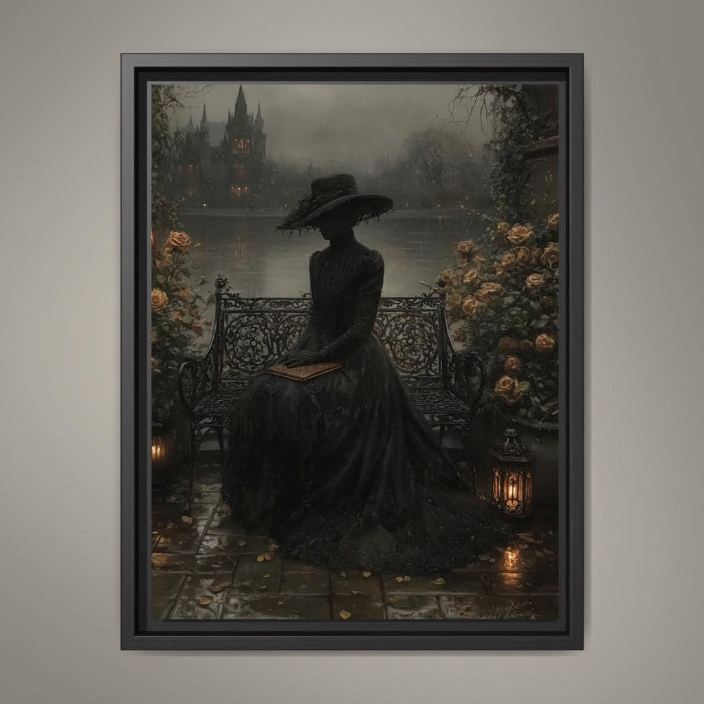 Victorian Widow in Black Lace by Misty Gothic Lake Castle Wall Art Print