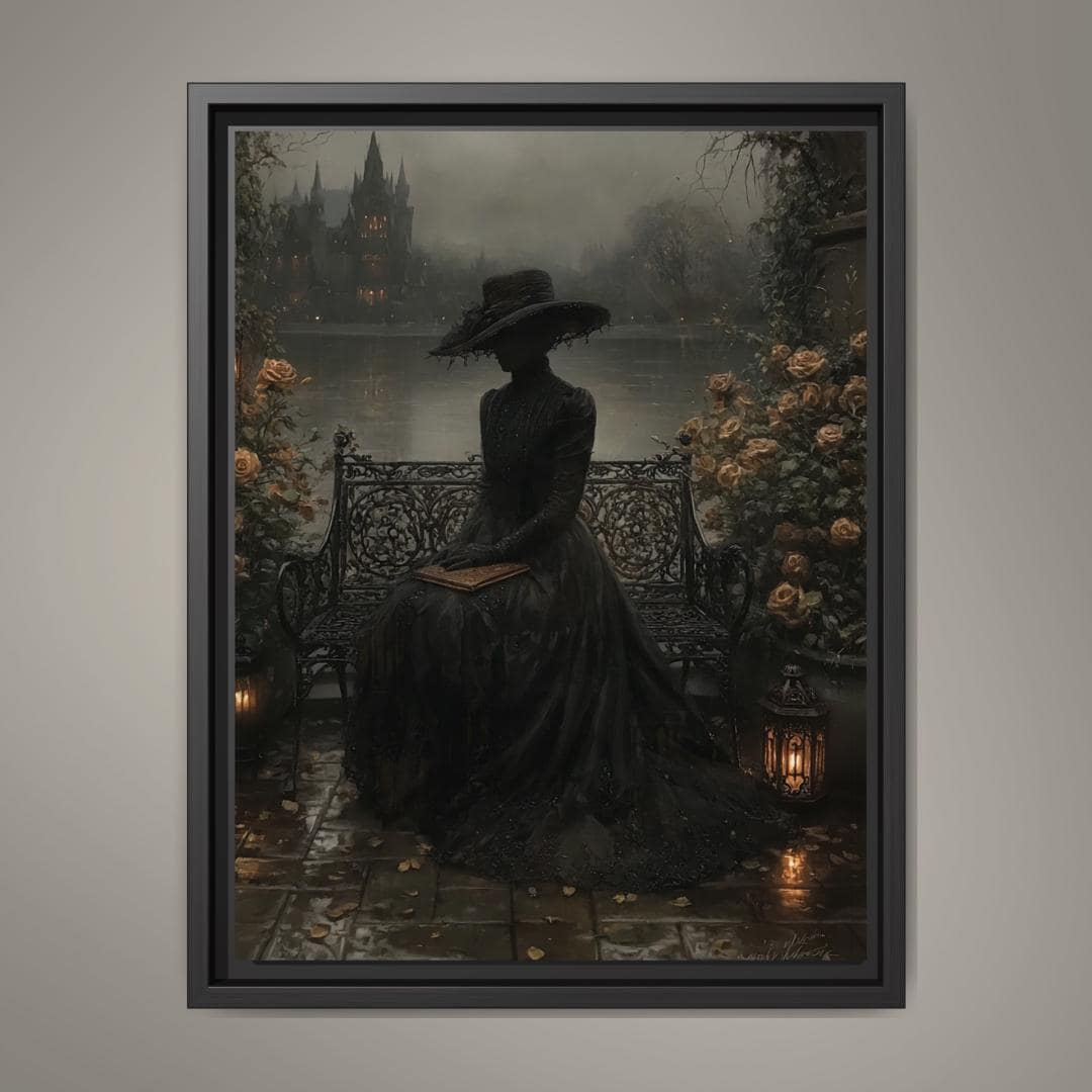 Victorian Widow in Black Lace by Misty Gothic Lake Castle Wall Art Print