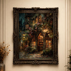 Gothic Bookstore Oil Painting Print, Dark Academia Lanterns and Roses Library Wall Art