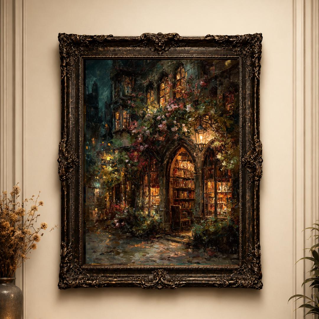 Gothic Bookstore Oil Painting Print, Dark Academia Lanterns and Roses Library Wall Art