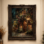 Gothic Bookstore Oil Painting Print, Dark Academia Lanterns and Roses Library Wall Art