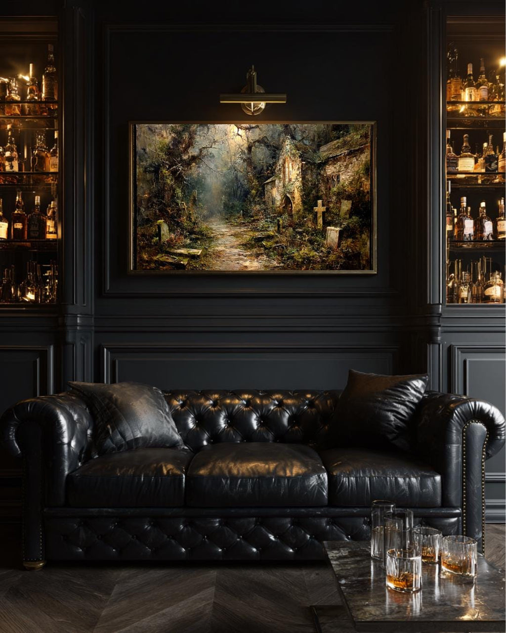 Haunted Church Graveyard Art Print, Abandoned Graves Moonlit Cemetery Dark Moody Painting