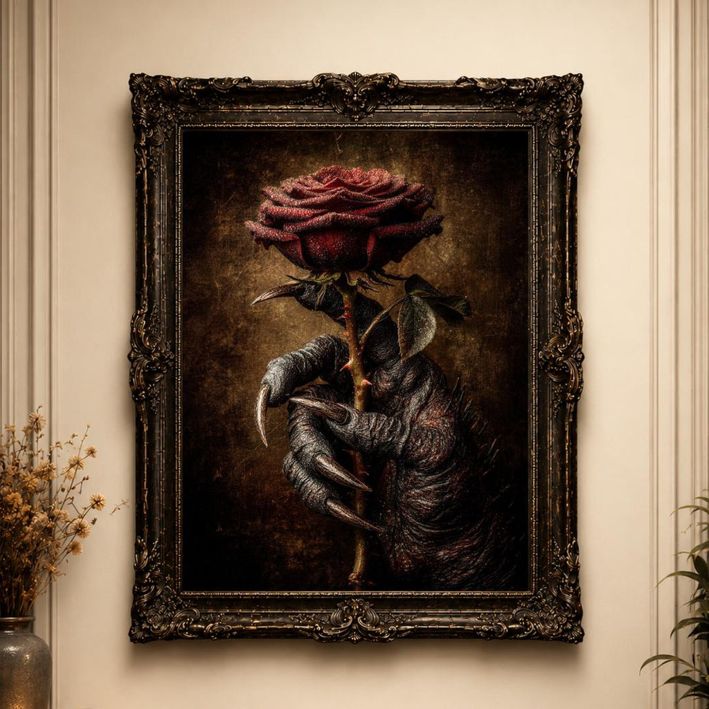 Crimson Rose and Devil Claw Romantasy Wall Art Print, Witchy Occult Artwork Decor