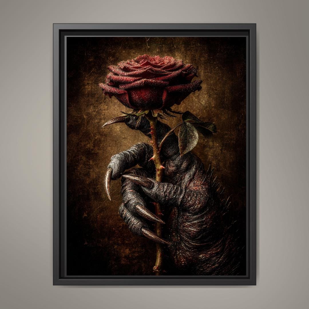 Crimson Rose and Devil Claw Romantasy Wall Art Print, Witchy Occult Artwork Decor