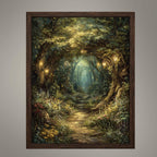 Enchanted Fairy Forest Path Art Print Magical Woodland Lantern Trail, Glowing Fireflies Fantasy Decor