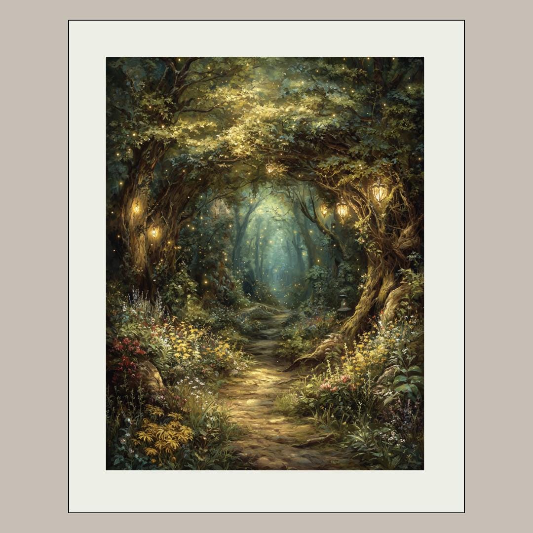 Enchanted Fairy Forest Path Art Print Magical Woodland Lantern Trail, Glowing Fireflies Fantasy Decor