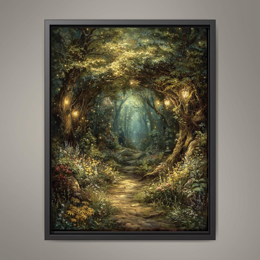 Enchanted Fairy Forest Path Art Print Magical Woodland Lantern Trail, Glowing Fireflies Fantasy Decor