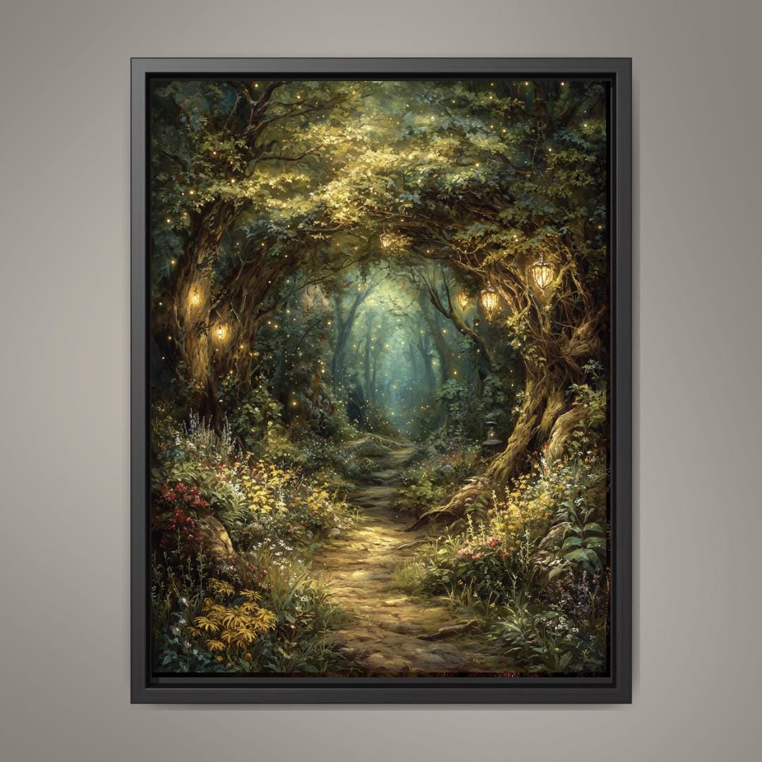 Enchanted Fairy Forest Path Art Print Magical Woodland Lantern Trail, Glowing Fireflies Fantasy Decor
