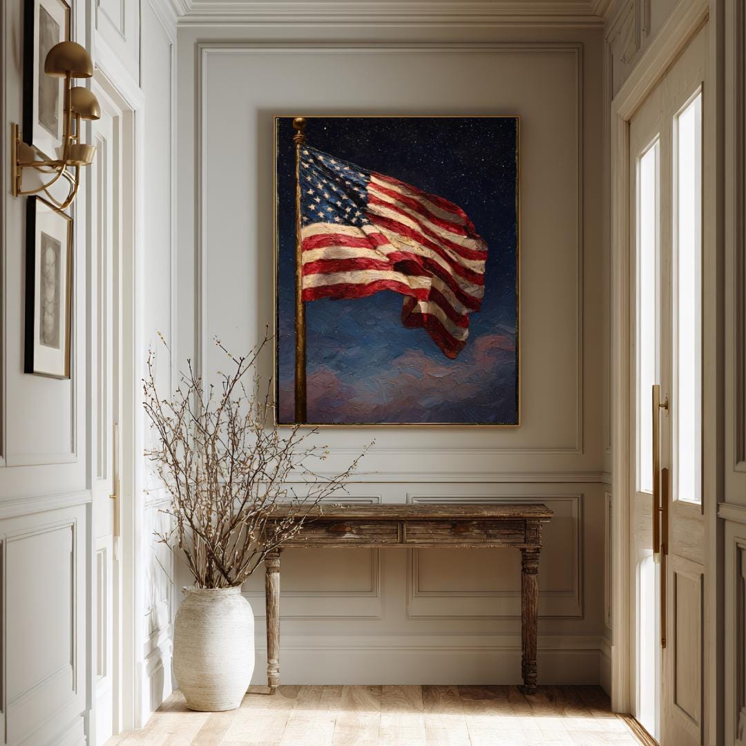 American Flag Under Starlit Sky Patriotic Wall Art Print Celestial Night Skies Artwork