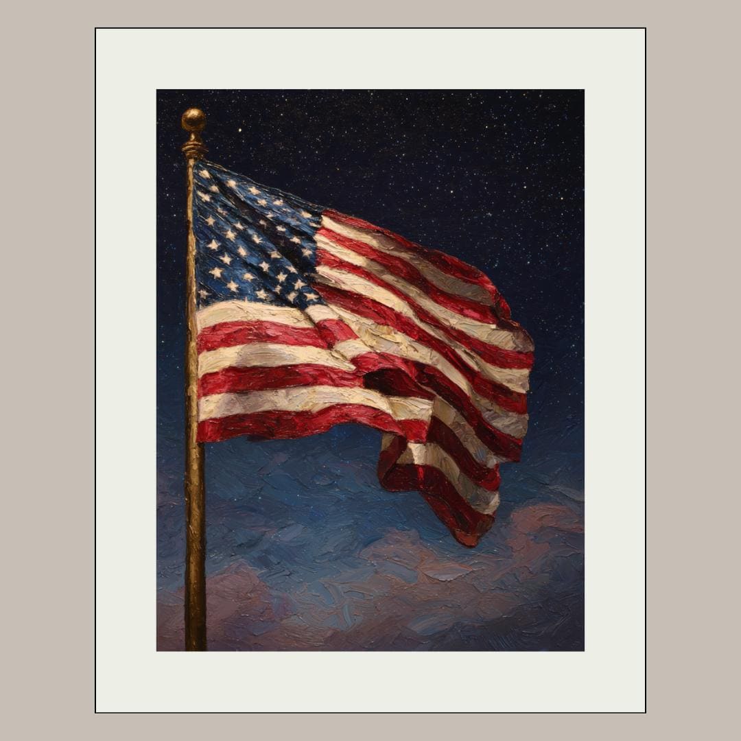 American Flag Under Starlit Sky Patriotic Wall Art Print Celestial Night Skies Artwork