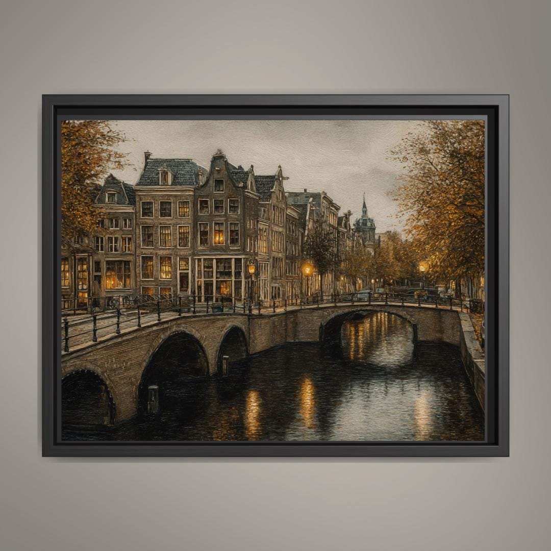 Amsterdam Canal Moody Wall Art Print, European Cityscape Architecture Artwork, Vintage Street Scene Decor Main image