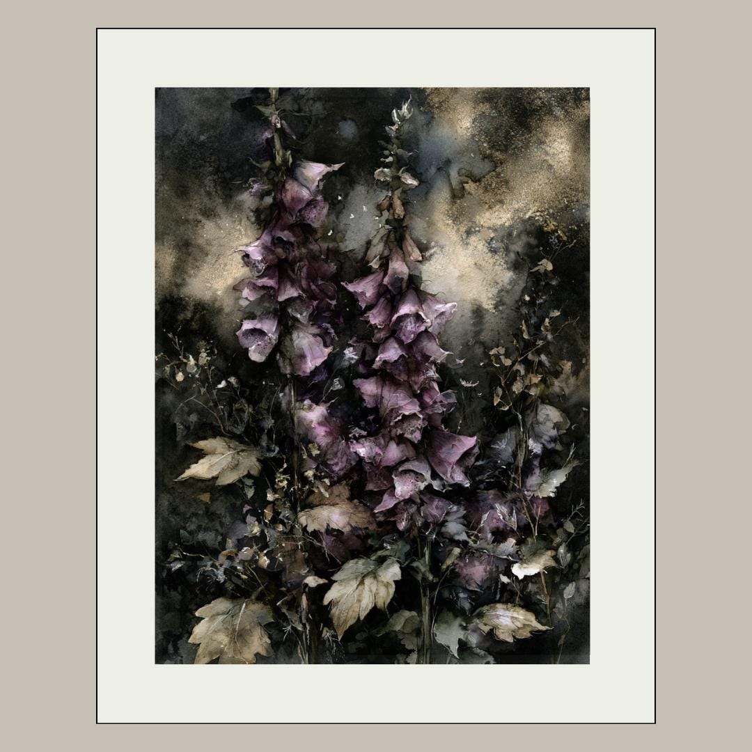 Purple Foxglove Dark Botanical Art Watercolor Print Gothic Floral Study Artwork Moody Decor Secondary image