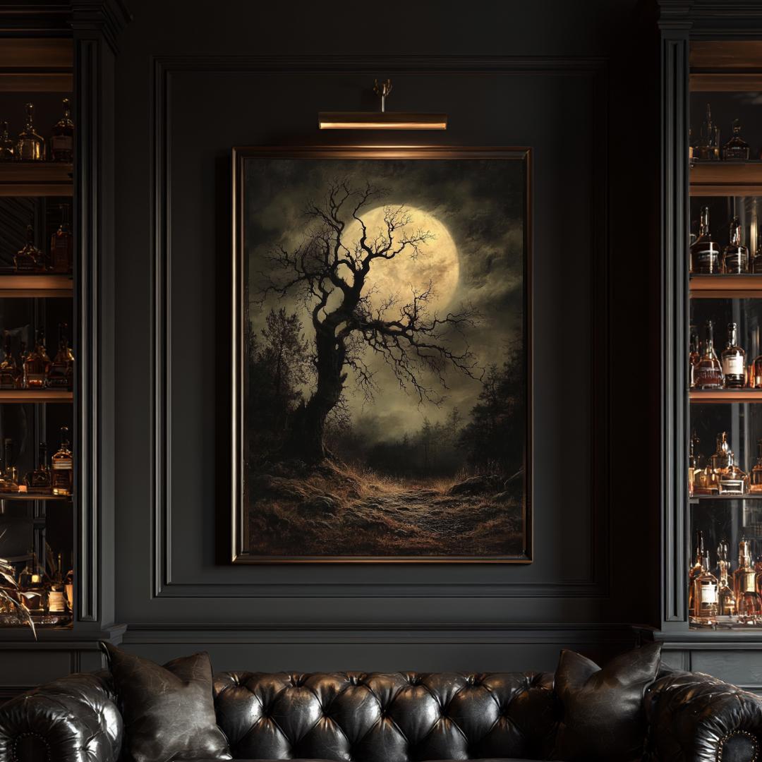 Gothic Full Moon Forest Wall Art Print, Spooky Tree Silhouette Haunted Woodland Decor