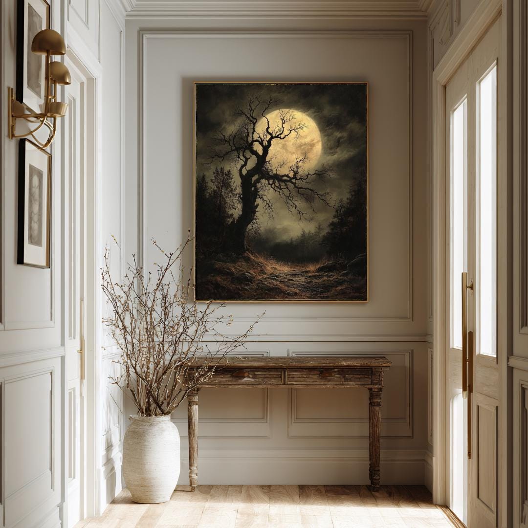 Gothic Full Moon Forest Wall Art Print, Spooky Tree Silhouette Haunted Woodland Decor Secondary image