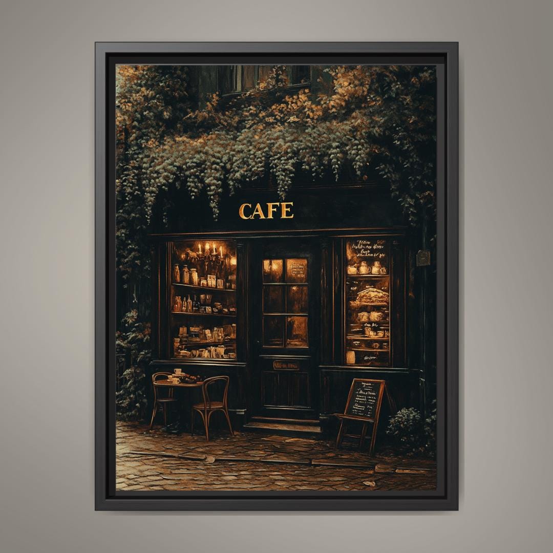 Vintage Café Storefront Wall Art Print Cozy Candlelit Coffee Shop Oil Painting Style Artwork Main image
