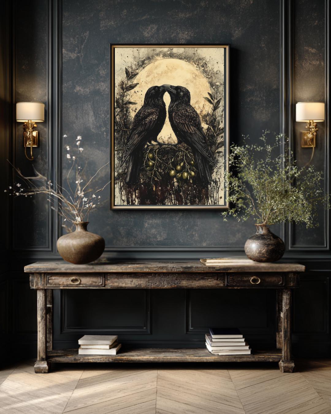 Raven Couple Wall Art Print, Two Romantic Crows, Pair of Birds Full Moon Painting