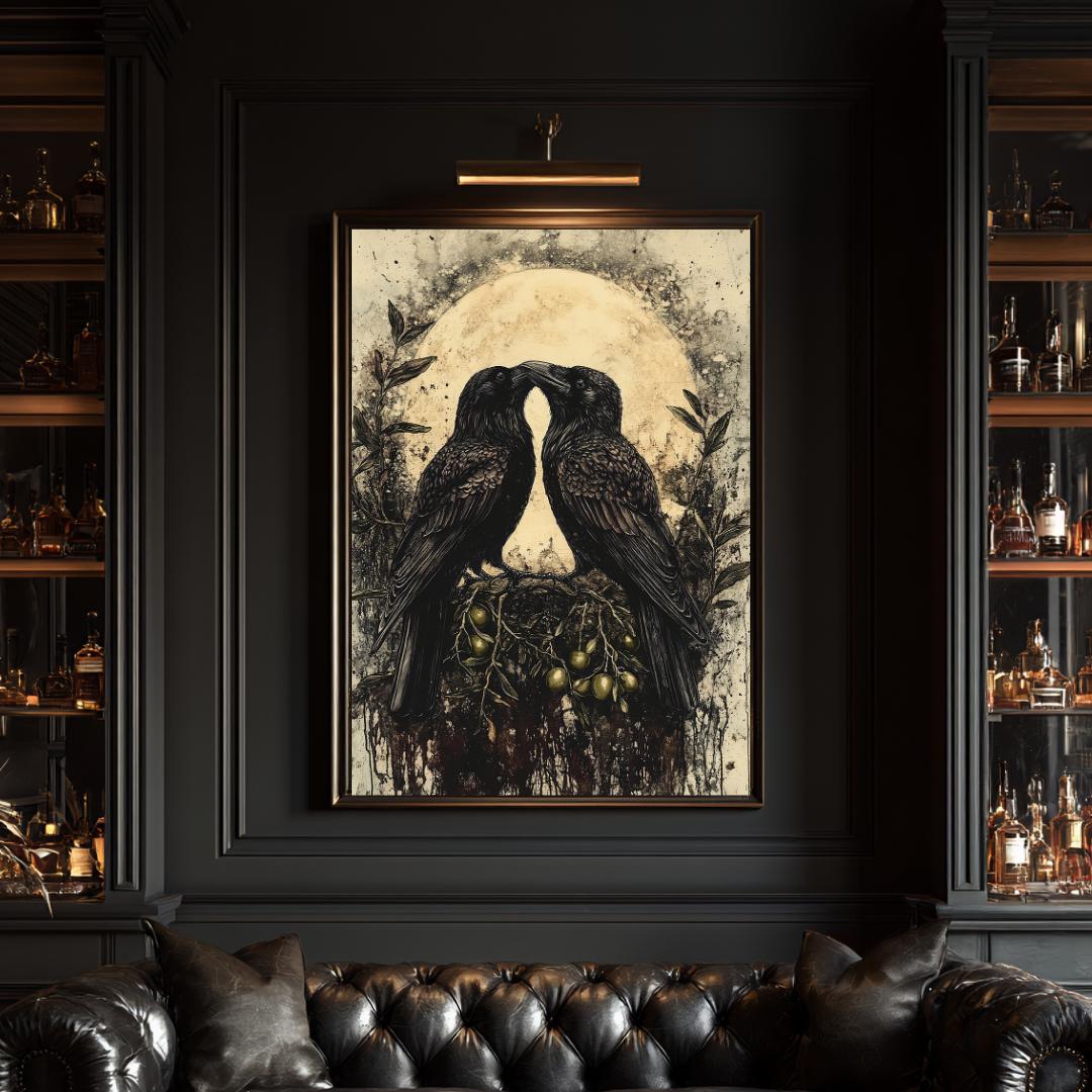 Raven Couple Wall Art Print, Two Romantic Crows, Pair of Birds Full Moon Painting