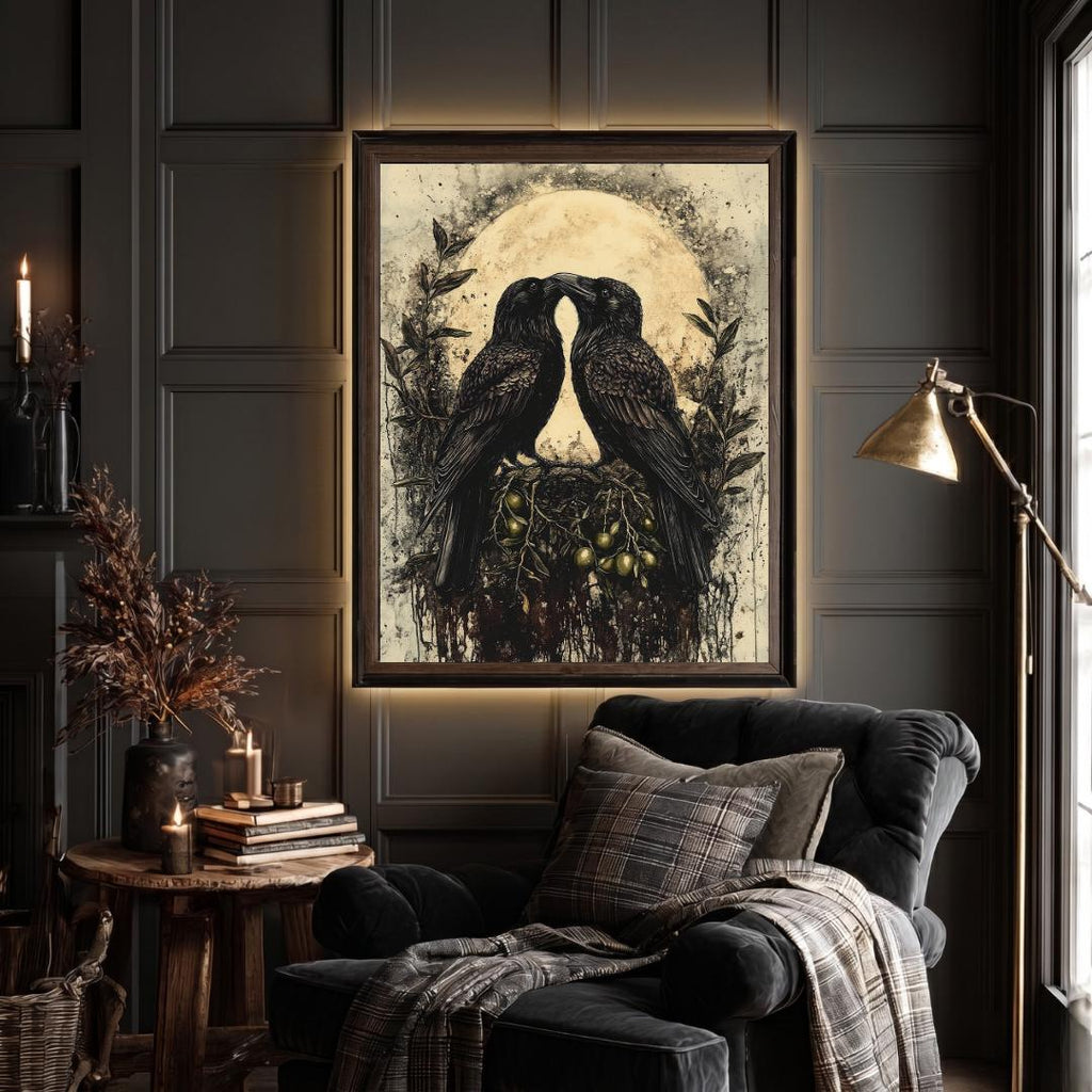 Raven Couple Wall Art Print, Two Romantic Crows, Pair of Birds Full Moon Painting