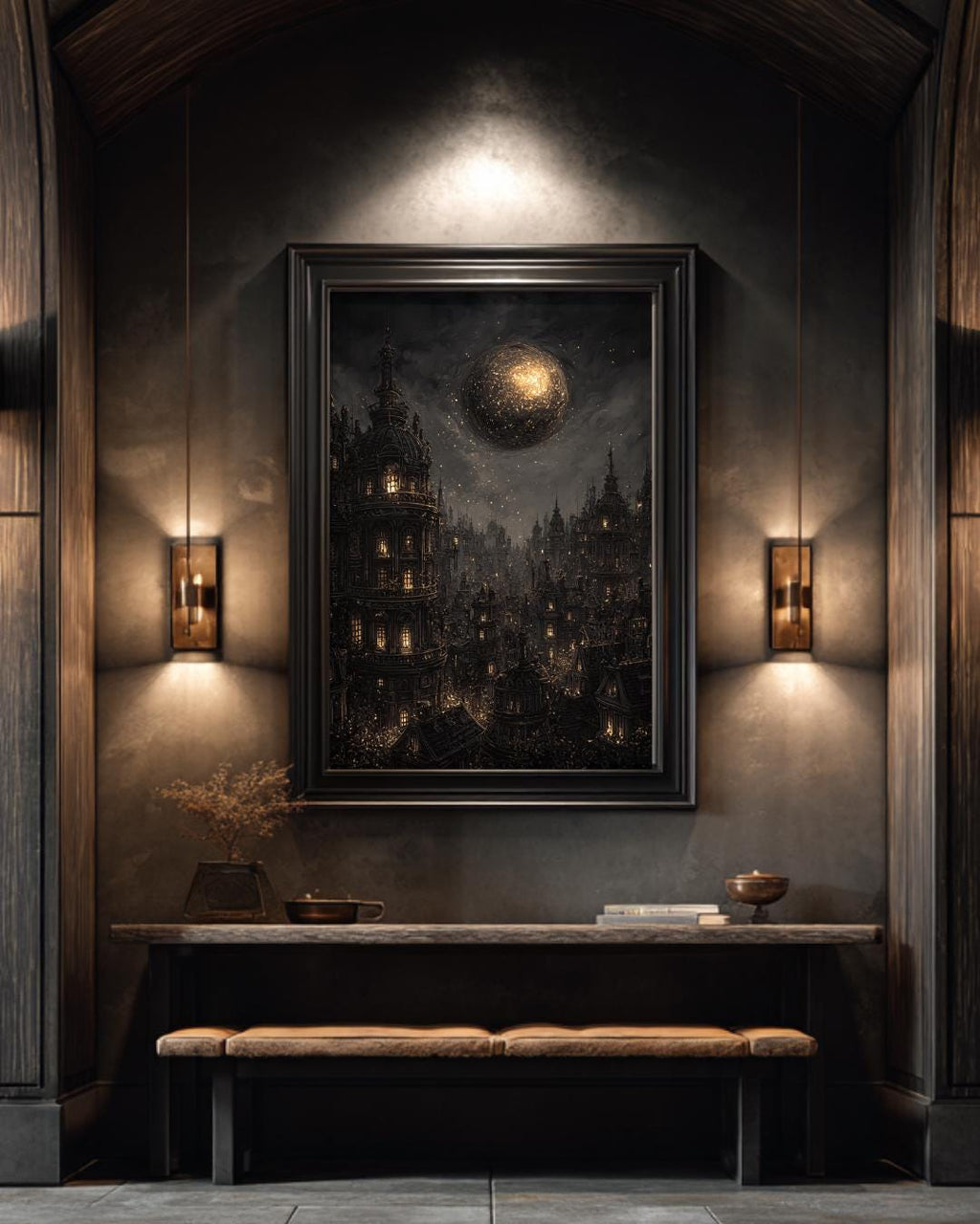 Gothic City Wall Art Print, Dark Academia Full Moon Fantasy Decor, Celestial Nightscape