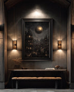 Gothic City Wall Art Print, Dark Academia Full Moon Fantasy Decor, Celestial Nightscape