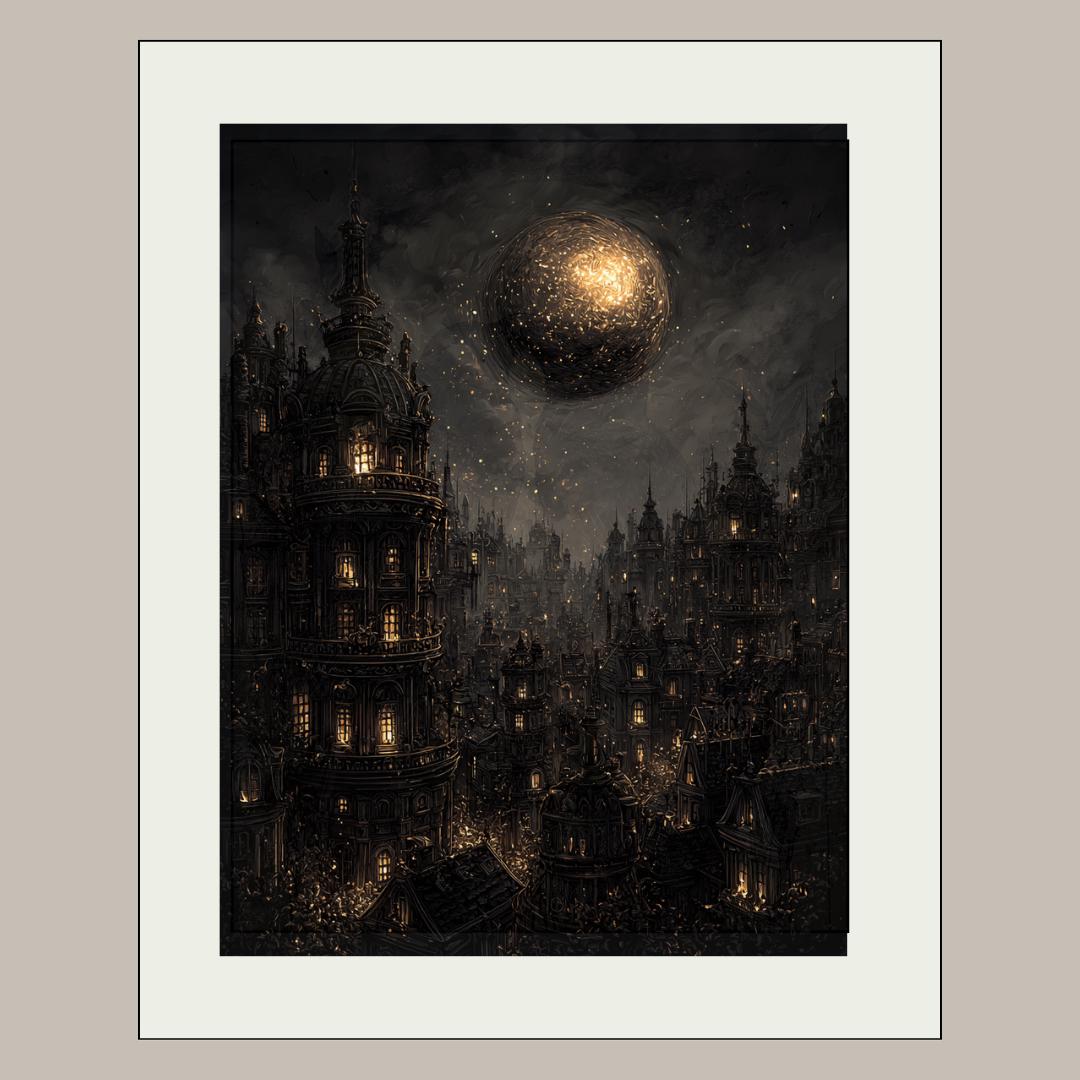 Gothic City Wall Art Print, Dark Academia Full Moon Fantasy Decor, Celestial Nightscape