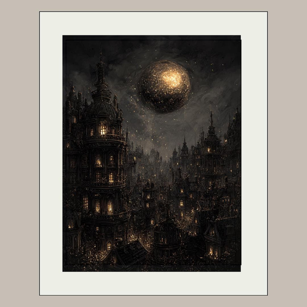 Gothic City Wall Art Print, Dark Academia Full Moon Fantasy Decor, Celestial Nightscape