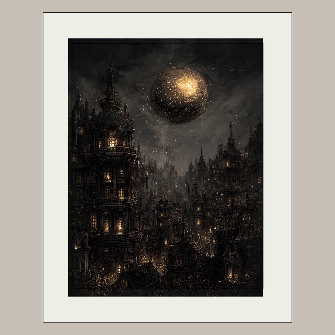 Gothic City Wall Art Print, Dark Academia Full Moon Fantasy Decor, Celestial Nightscape