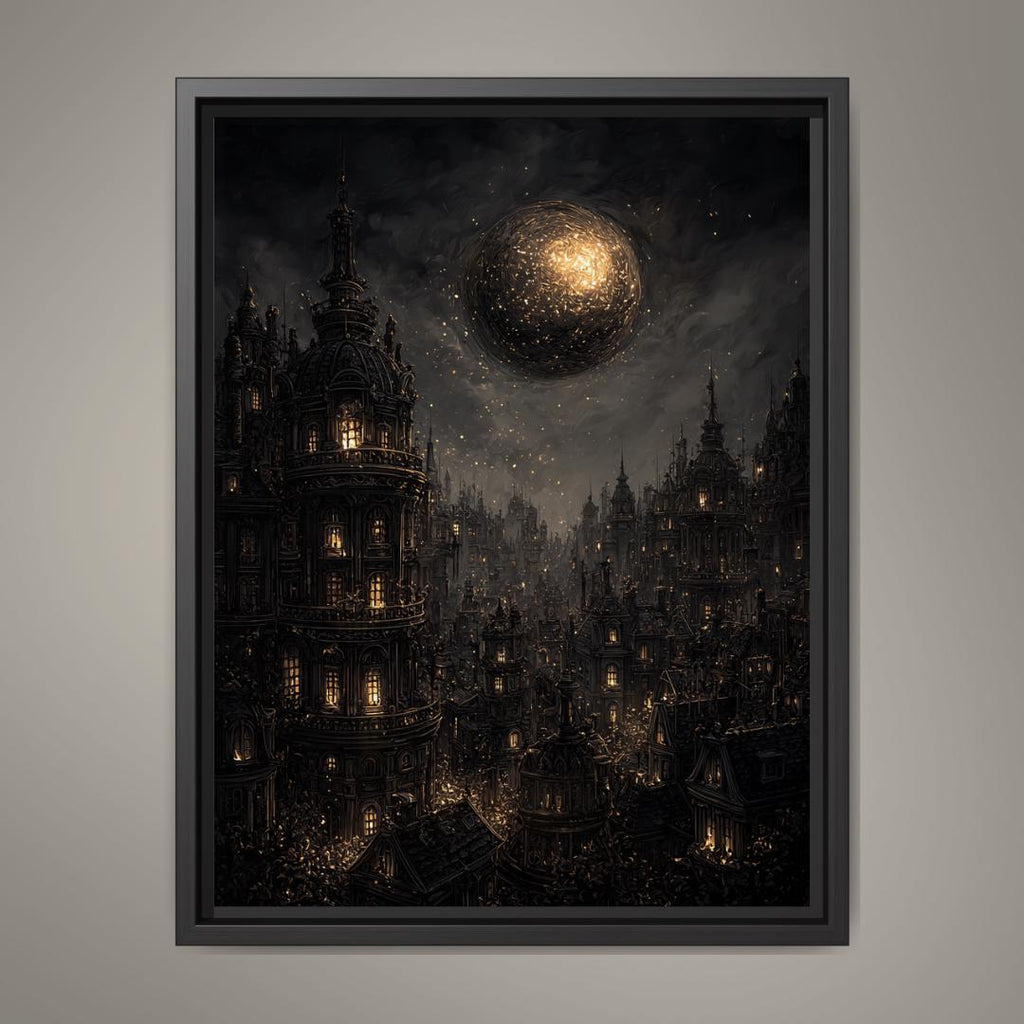 Gothic City Wall Art Print, Dark Academia Full Moon Fantasy Decor, Celestial Nightscape