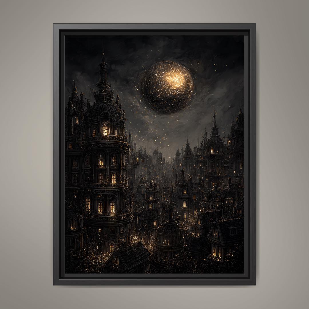 Gothic City Wall Art Print, Dark Academia Full Moon Fantasy Decor, Celestial Nightscape