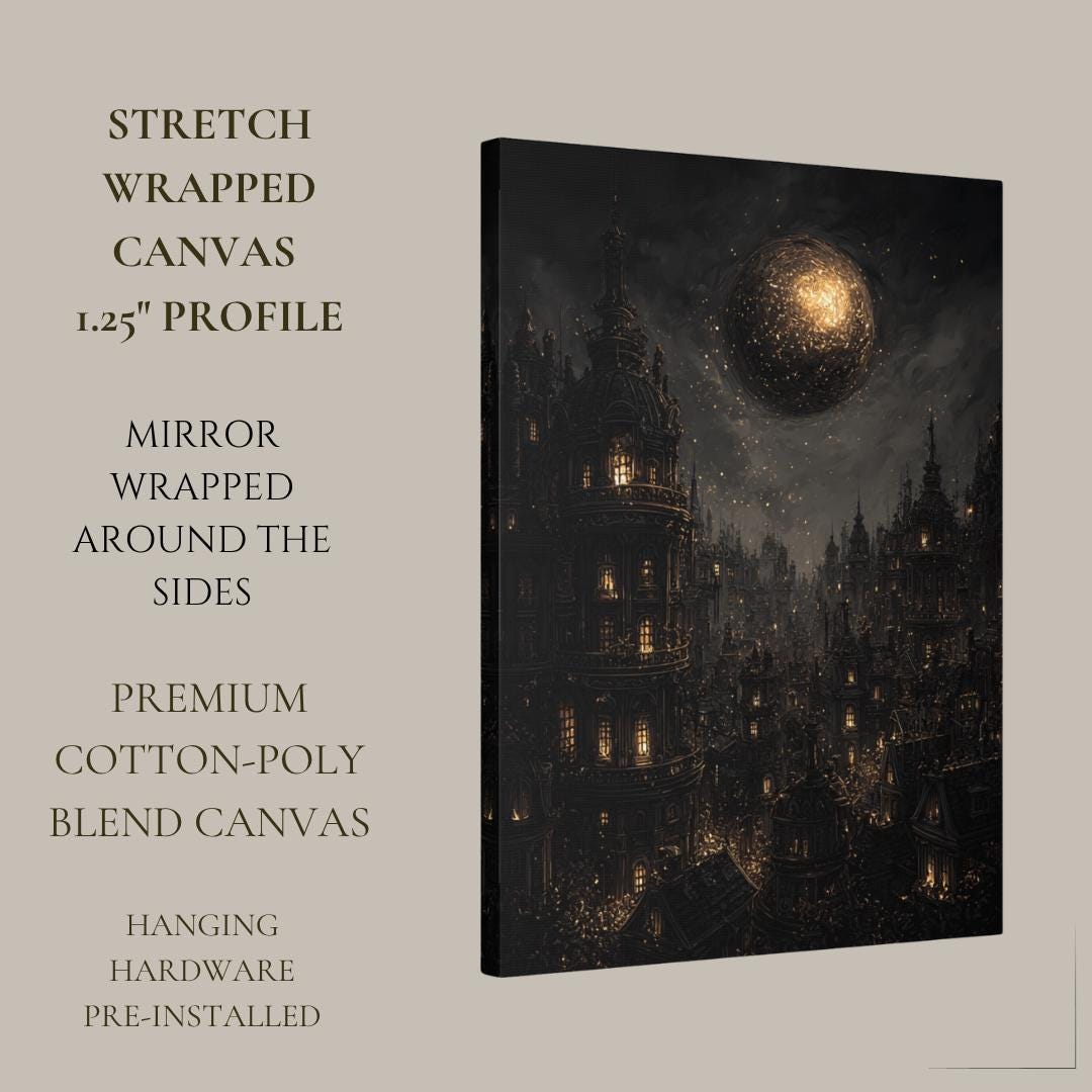 Gothic City Wall Art Print, Dark Academia Full Moon Fantasy Decor, Celestial Nightscape