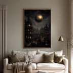 Gothic City Wall Art Print, Dark Academia Full Moon Fantasy Decor, Celestial Nightscape