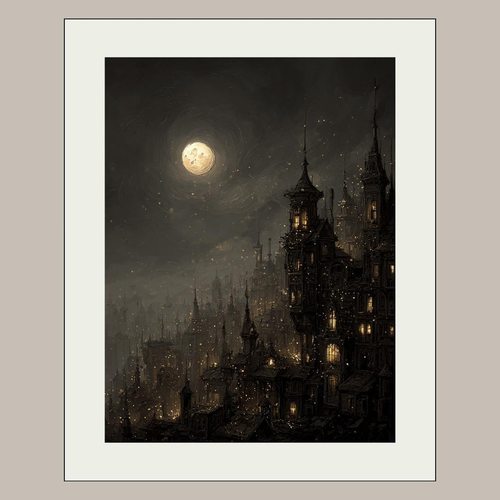 Victorian Moonlit Silhouette City Buildings Wall Art Print, Gothic Full Moon Cityscape Decor