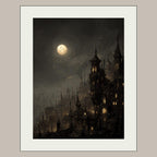 Victorian Moonlit Silhouette City Buildings Wall Art Print, Gothic Full Moon Cityscape Decor