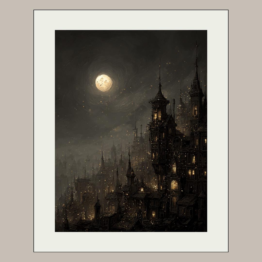 Victorian Moonlit Silhouette City Buildings Wall Art Print, Gothic Full Moon Cityscape Decor