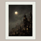 Victorian Moonlit Silhouette City Buildings Wall Art Print, Gothic Full Moon Cityscape Decor