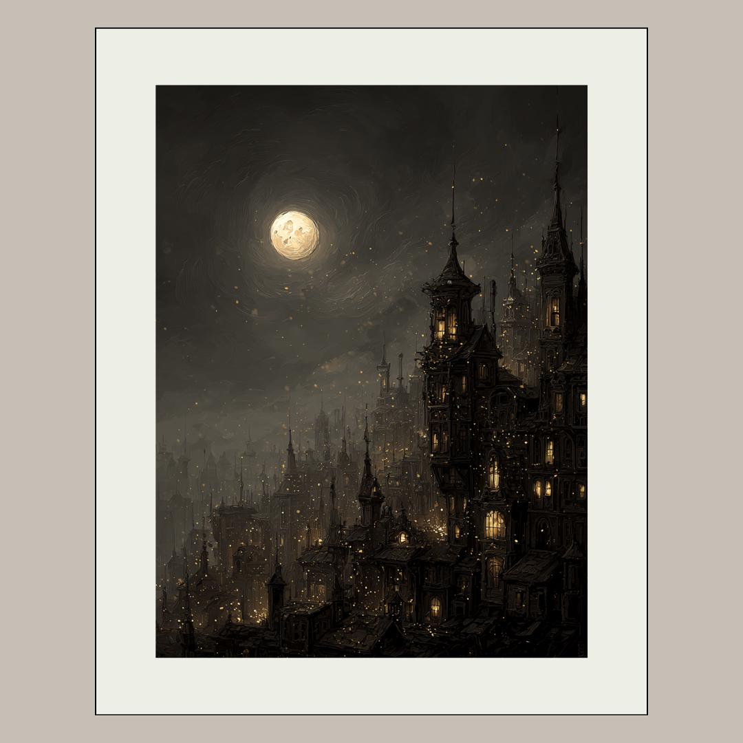 Victorian Moonlit Silhouette City Buildings Wall Art Print, Gothic Full Moon Cityscape Decor