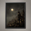 Victorian Moonlit Silhouette City Buildings Wall Art Print, Gothic Full Moon Cityscape Decor