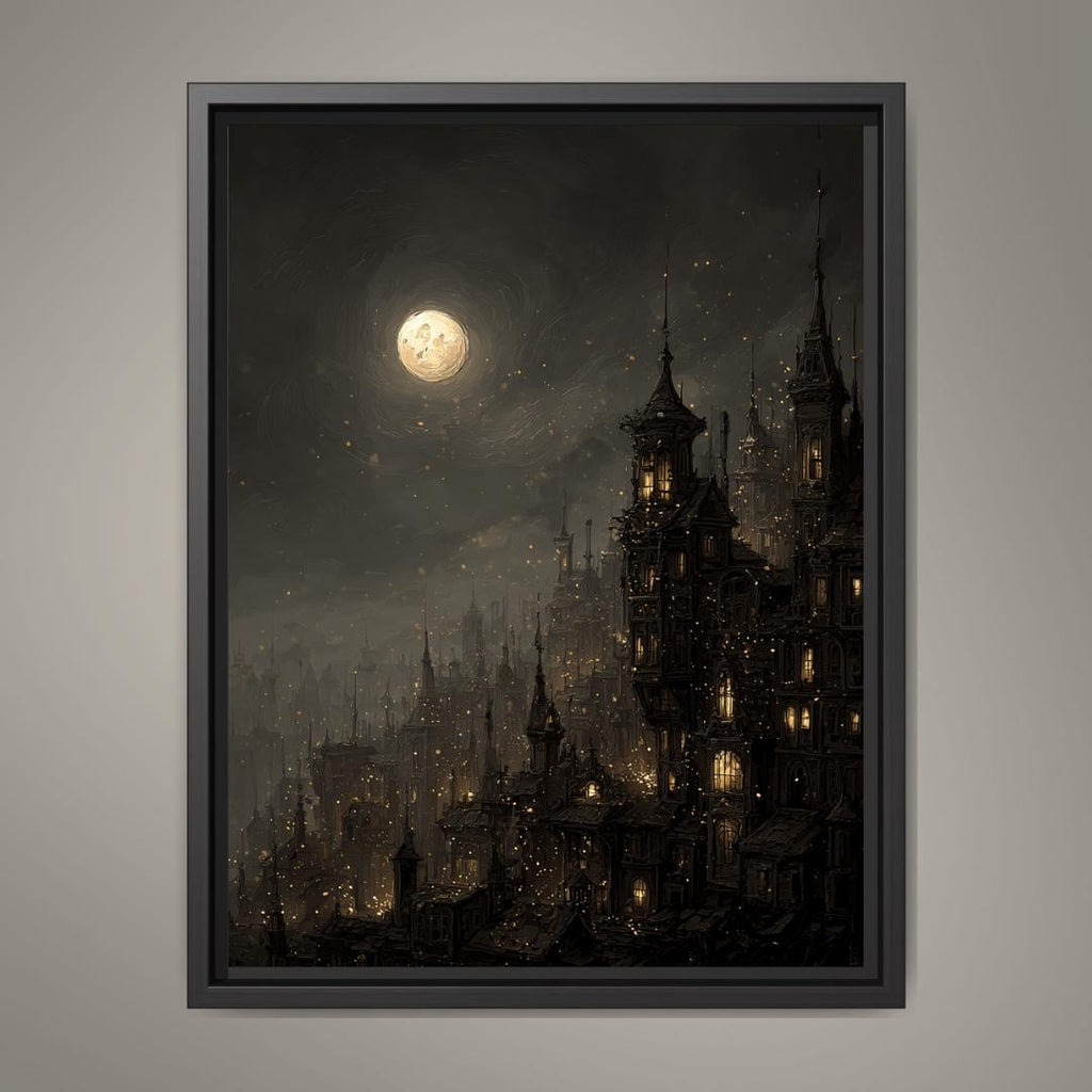 Victorian Moonlit Silhouette City Buildings Wall Art Print, Gothic Full Moon Cityscape Decor
