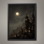 Victorian Moonlit Silhouette City Buildings Wall Art Print, Gothic Full Moon Cityscape Decor