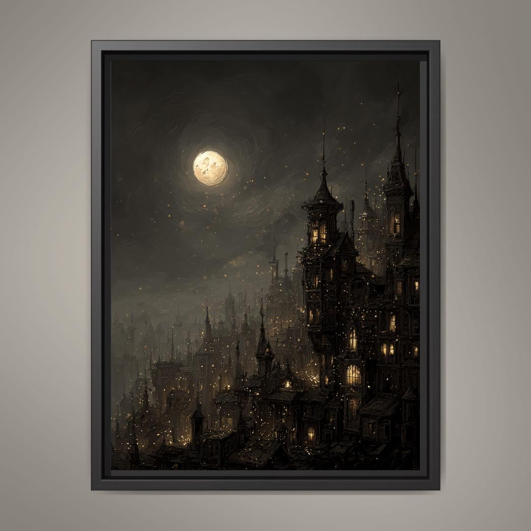 Victorian Moonlit Silhouette City Buildings Wall Art Print, Gothic Full Moon Cityscape Decor