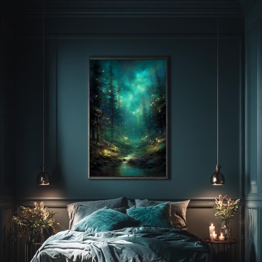 Enchanted Fir Tree Pine Forest Wall Art, Fantasy Woodland Path Print, Dark Academia Artwork