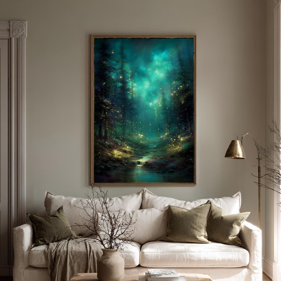 Enchanted Fir Tree Pine Forest Wall Art, Fantasy Woodland Path Print, Dark Academia Artwork