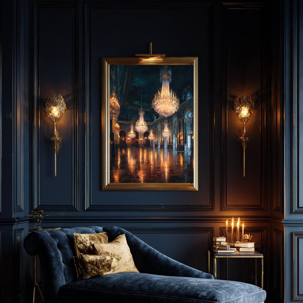 Grand Chandelier Ballroom Wall Art, Luxury European Palace Interior Dark Moody Printed Wallart