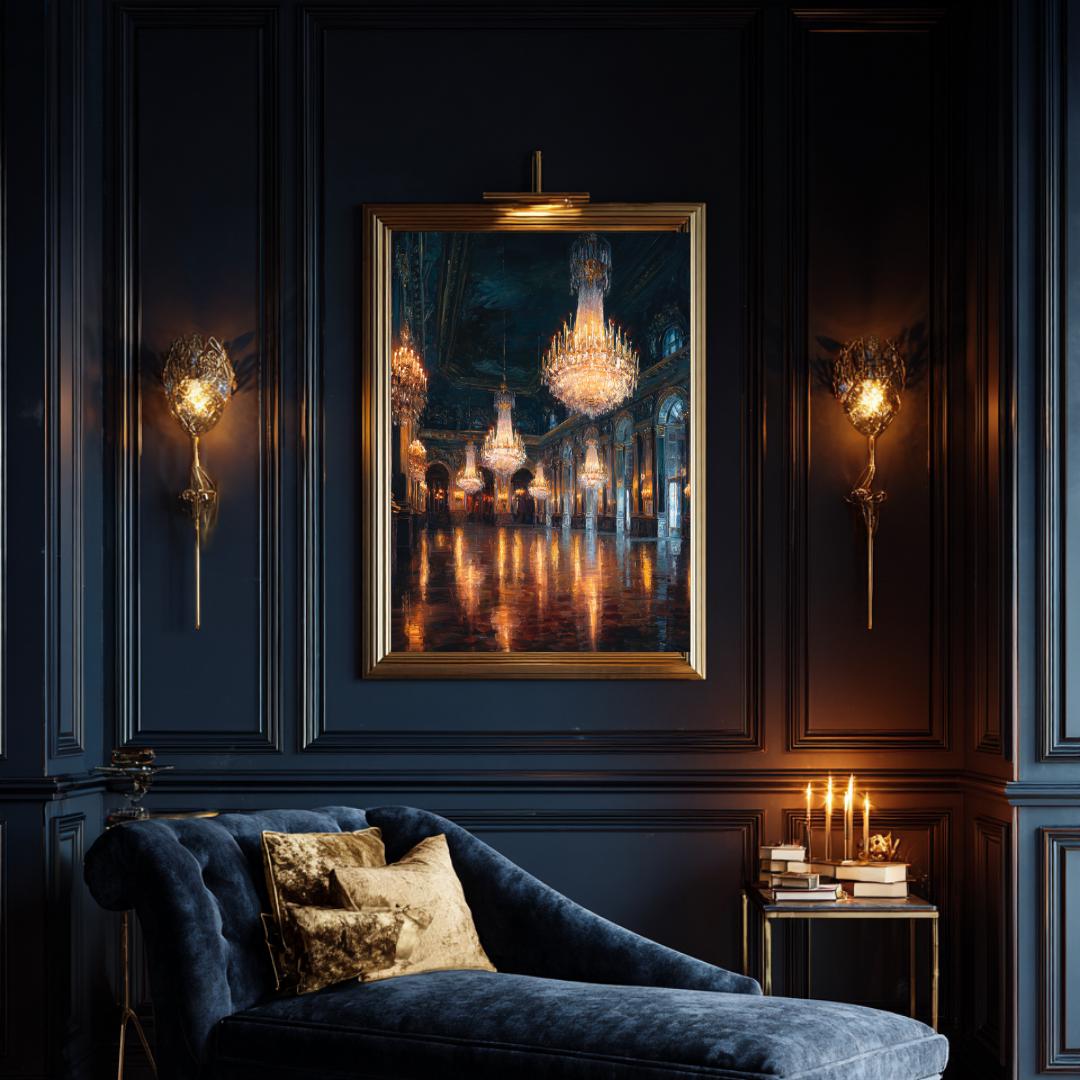 Grand Chandelier Ballroom Wall Art, Luxury European Palace Interior Dark Moody Printed Wallart