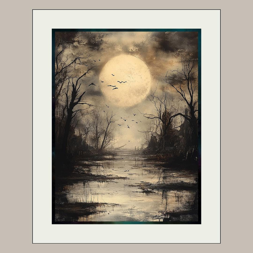 Moonlit Swamp Full Moon Wall Art Print, Gothic Trees Landscape Artwork, Dark Academia Decor