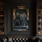 Royal Cat Portrait Wall Art, Gothic Blue Crowned Cats Print, Dark Academia Moody Decor