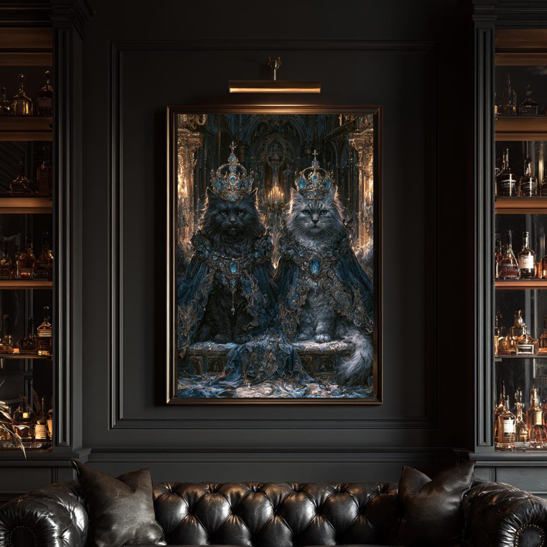 Royal Cat Portrait Wall Art, Gothic Blue Crowned Cats Print, Dark Academia Moody Decor