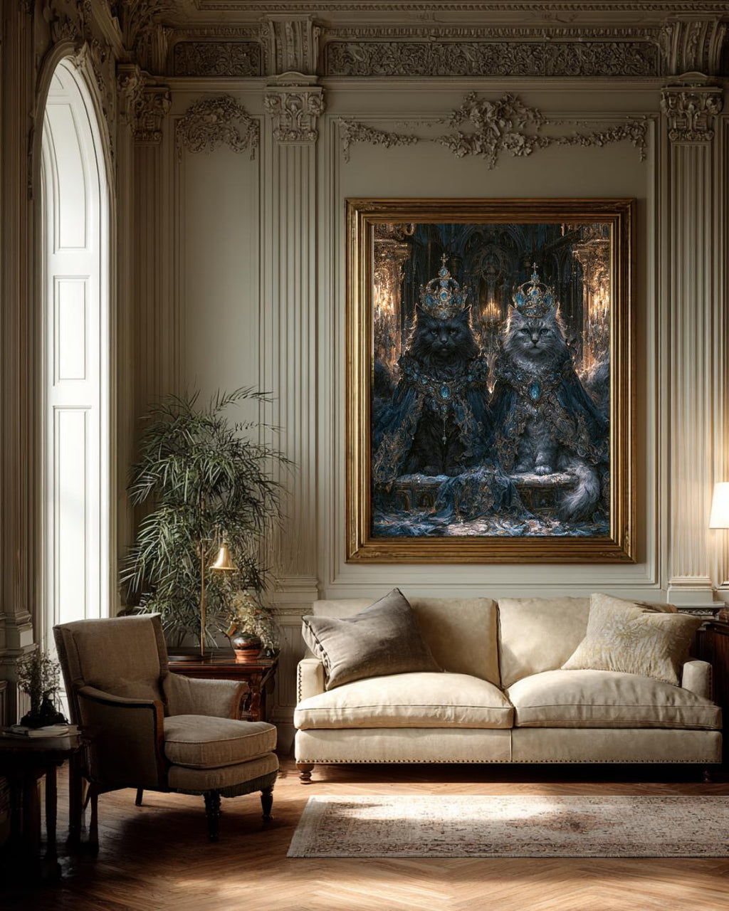 Royal Cat Portrait Wall Art, Gothic Blue Crowned Cats Print, Dark Academia Moody Decor