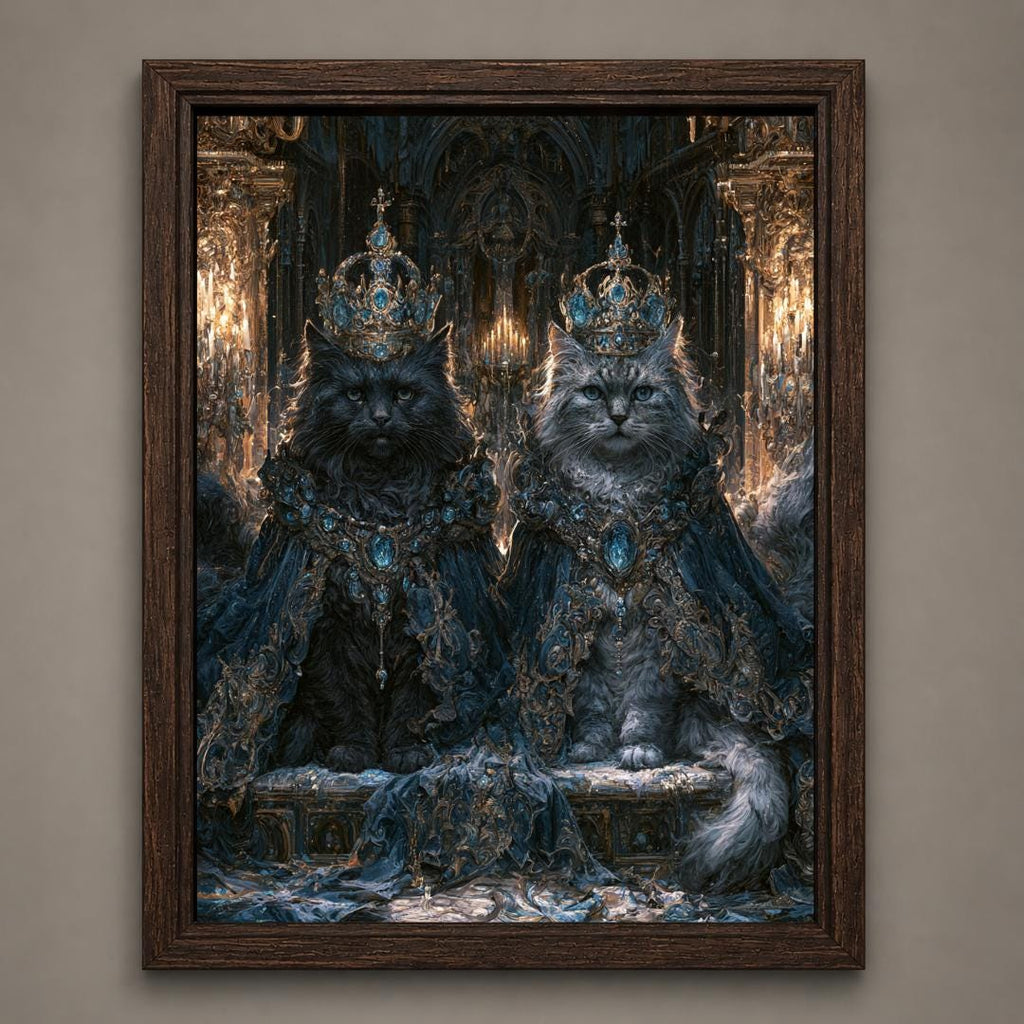 Royal Cat Portrait Wall Art, Gothic Blue Crowned Cats Print, Dark Academia Moody Decor