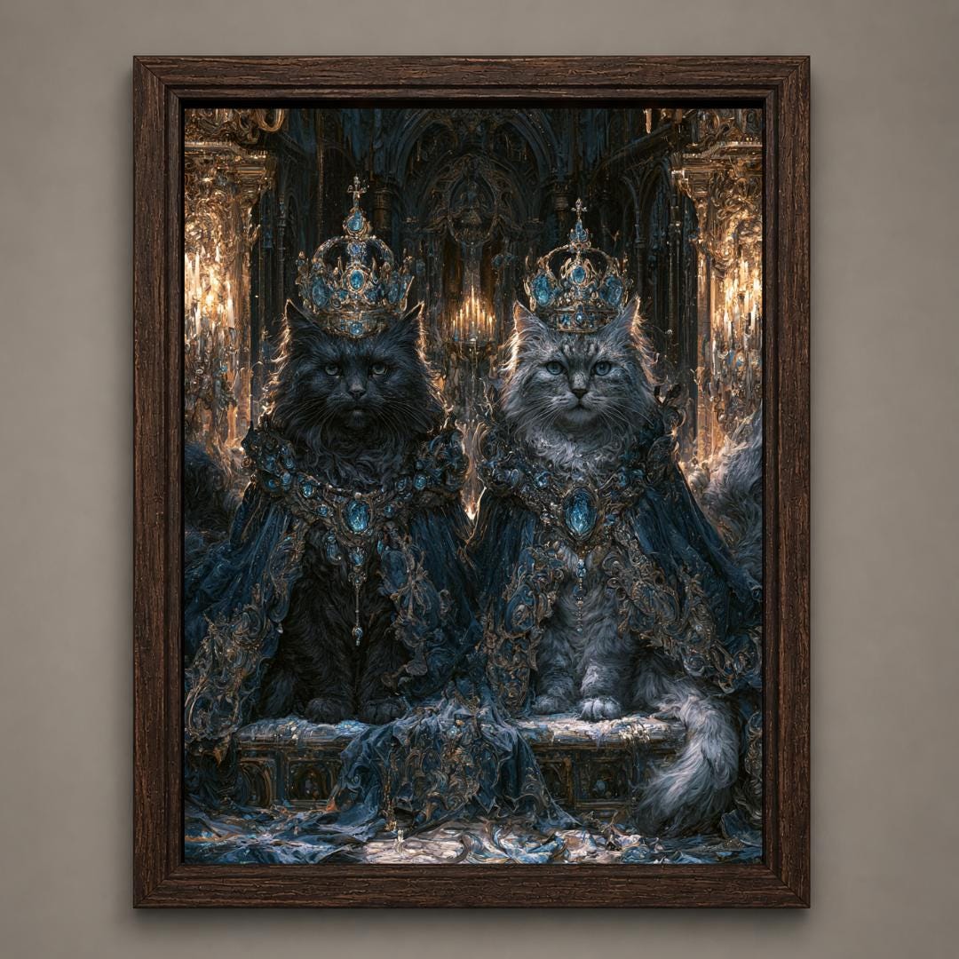 Royal Cat Portrait Wall Art, Gothic Blue Crowned Cats Print, Dark Academia Moody Decor